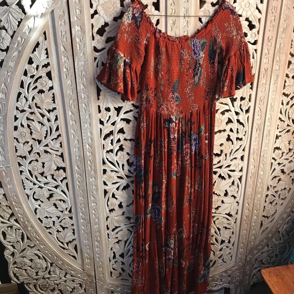 Rust Floral Smocked Ruffled Maxi Dress